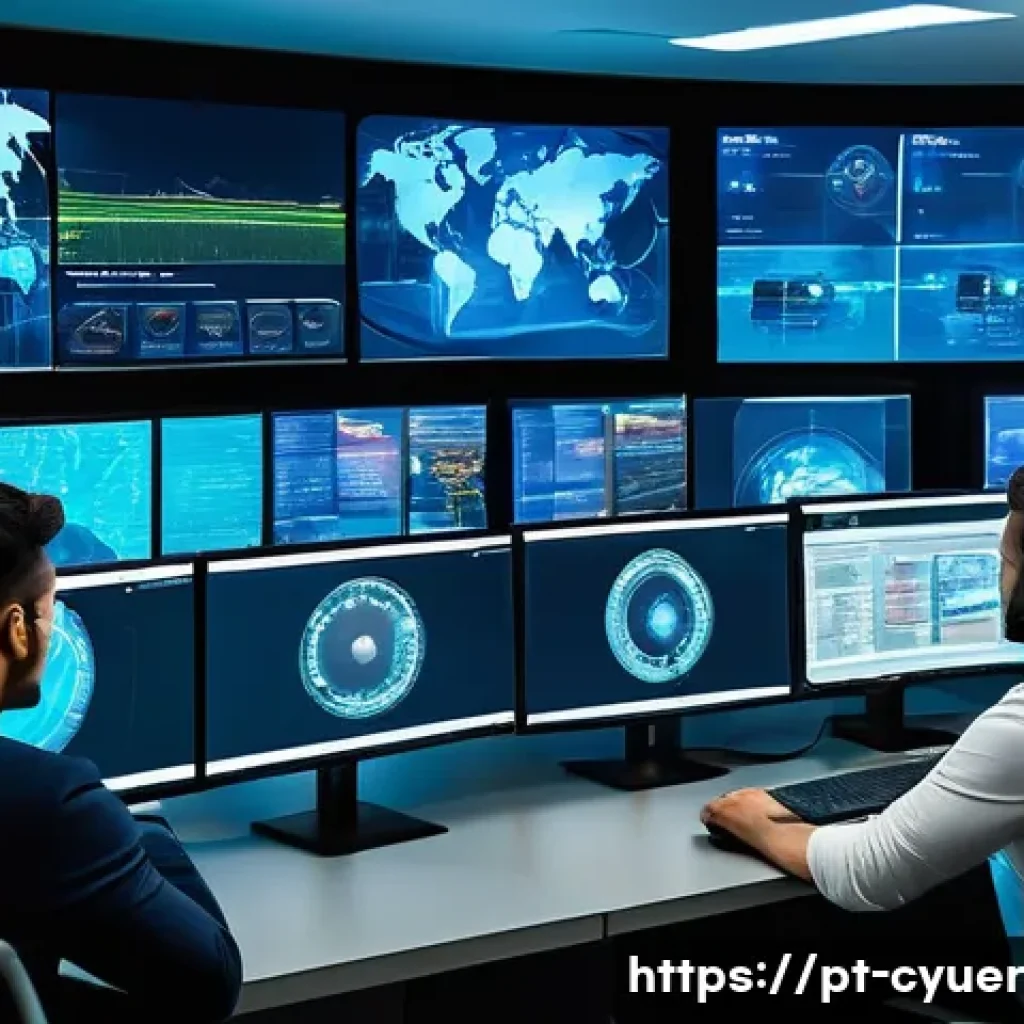 사이버 공격 대응을 위한 정보 공유 플랫폼 - A high-tech cybersecurity operations center featuring diverse professionals from Brazil collaboratin...