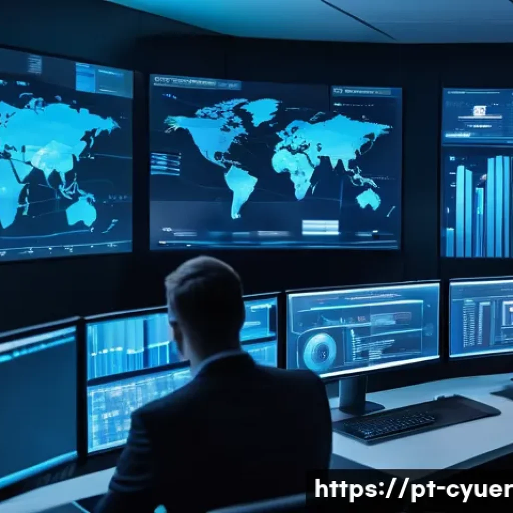 사이버 공격 예방을 위한 네트워크 보안 강화 - A modern corporate IT security operations center with a diverse team of professionals monitoring mul...