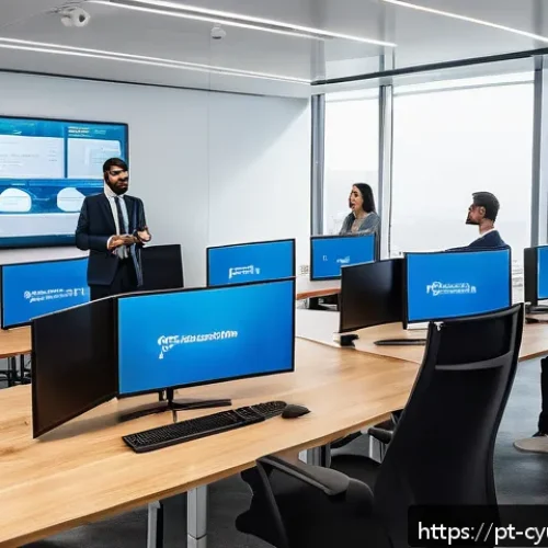Home 30 사이버 공격 발생 시 피해 최소화를 위한 전략 - A modern corporate office setting with diverse employees engaged in a cybersecurity training session...